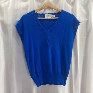 Rochelle California Vintage Royal Blue Knit Cap Sleeve V Neck‎ Sweater Top L